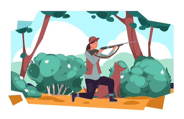 Personagem caçador mulher de desenho animado com cão de caça apontando arma