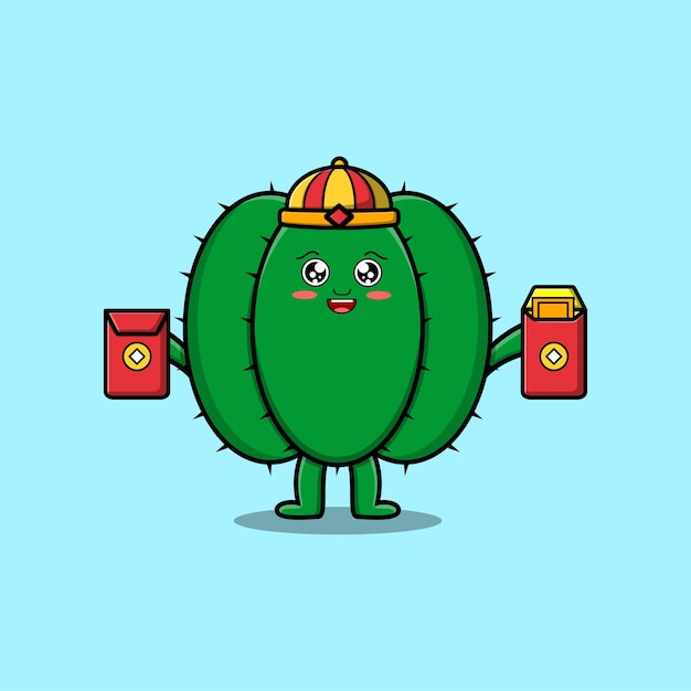 Personagem chinês de desenho animado bonito cactus segurando ilustração de ícone vetorial de pacotes vermelhos