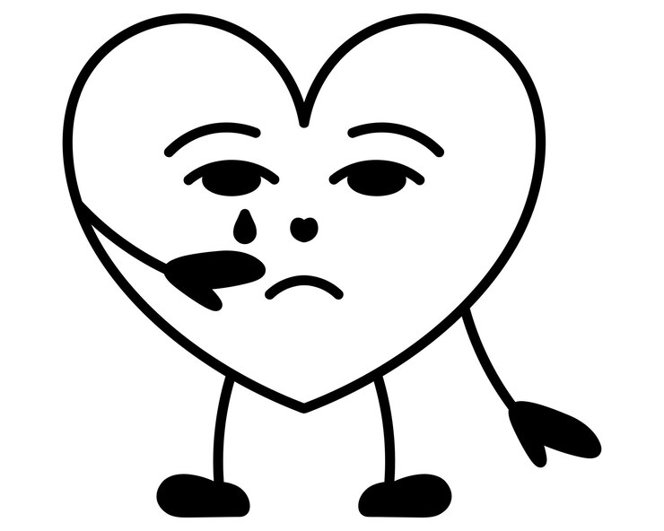 Vetor personagem chorando em forma de coração lágrimas gotejando de seus olhos enxugando-os com a mão