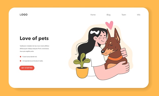 Vetor personagem com um banner de web de cachorro ou página de destino mulher feliz e cachorrinho passam tempo juntos amizade entre dono de animal e animal de estimação cena fofa ilustração vetorial plana