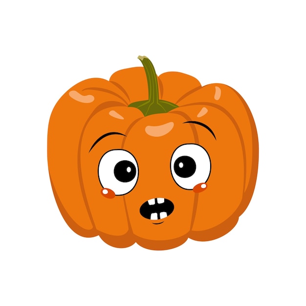 Personagem de abóbora bonita com pânico de emoções, rosto surpreso, olhos chocados. decoração festiva para o halloween. herói vegetal travesso