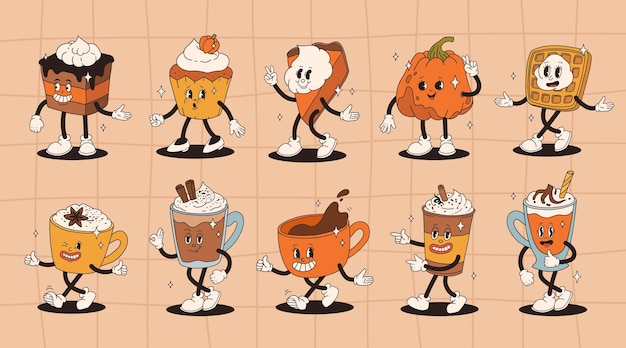 Personagem de abóbora de desenho animado retrô engraçado em estilo vintage dos anos 50, 60 e 70, mascote de outono feliz com abóbora, especiarias, latte, torta de abóbora, pudim, bolo, cupcake, waffles, donut e café