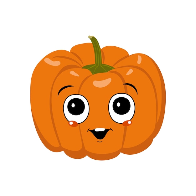 Personagem de abóbora fofa com emoções de alegria, rosto, olhos grandes e sorriso largo e feliz. decoração festiva para o halloween. herói vegetal travesso