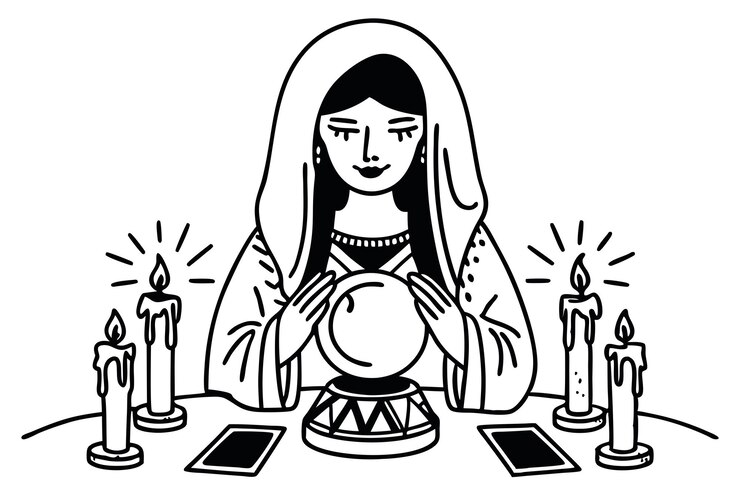 Vetor personagem de adivinhação com bola de cristal e cartas de tarot prevê o futuro ilustração de arte de linha