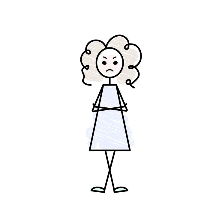 Vetor personagem de adolescente triste chateada com raiva, mau humor, lápis de contorno preto desenhando ilustração plana de doodle