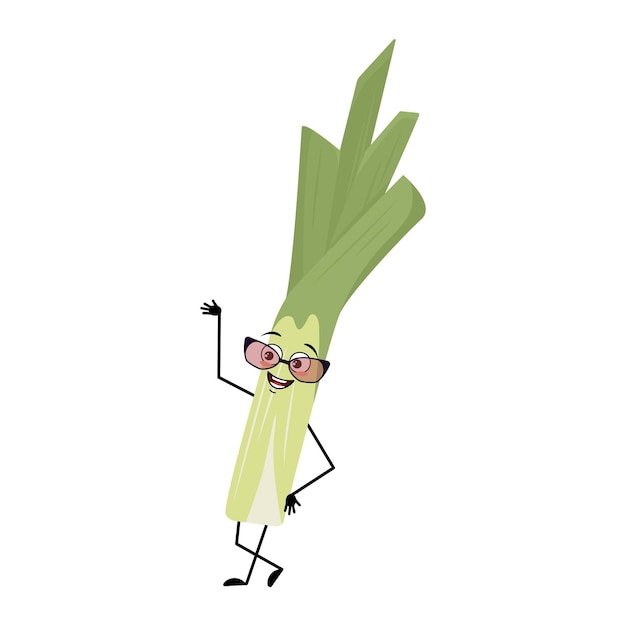 Personagem de alho-poró verde bonito com óculos e rosto de emoção feliz sorriso olhos braços e pernas vegetal saudável com expressão e postura rica em vitaminas ilustração em vetor plana