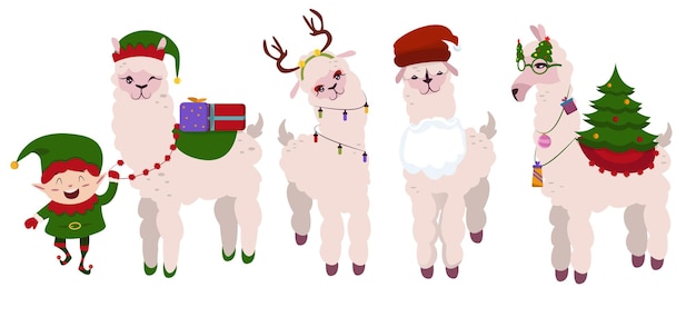 Vetor personagem de alpaca com muitas decorações de natal