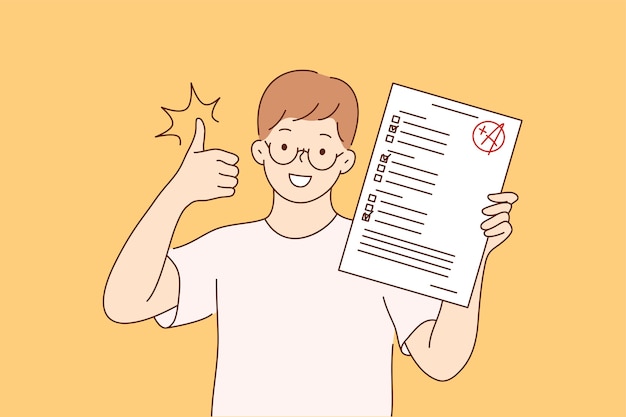 Personagem de aluno jovem feliz alegre sorridente em pé com os resultados do exame mostrando os polegares para cima