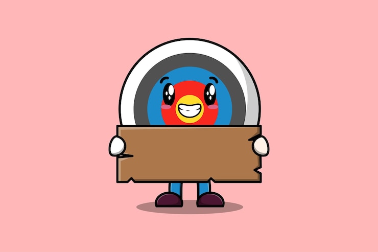 Vetor personagem de alvo de arco e flecha de desenho animado bonito segurando ilustração de ícone vetorial de placa de texto de madeira em branco