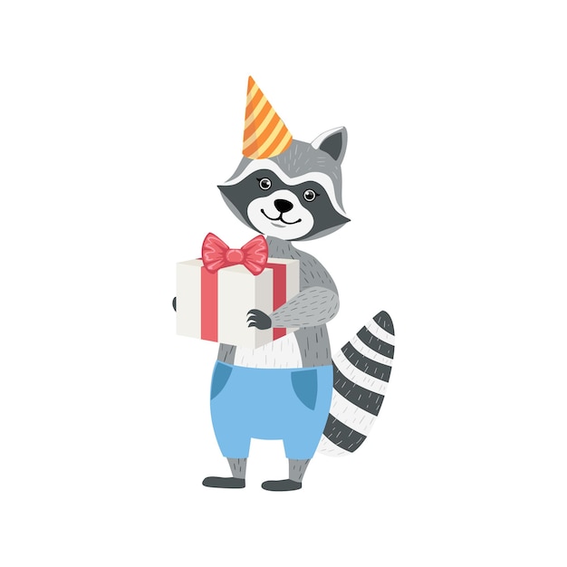 Personagem de animal fofo de guaxinim participando da festa de aniversário
