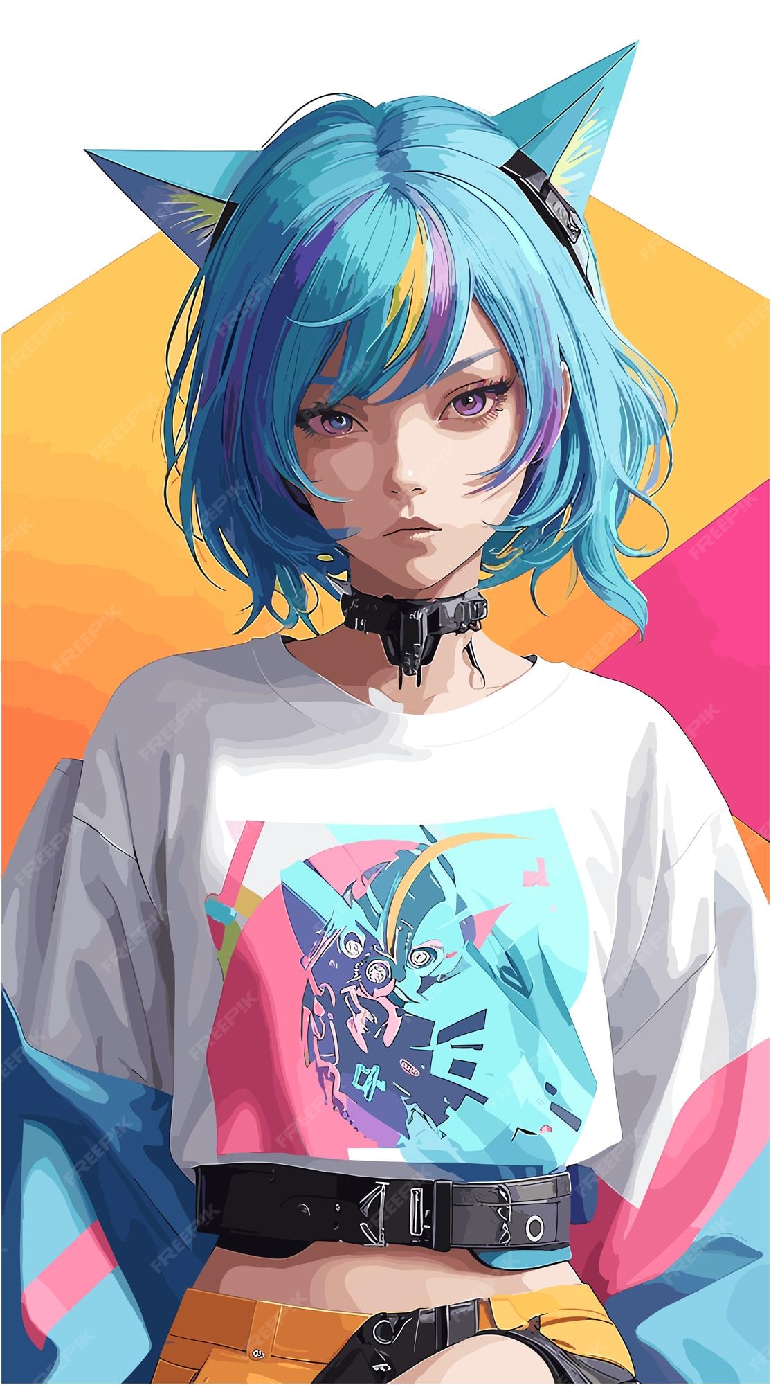 Personagem de anime moderno com cores vibrantes do estilo cyberpunk