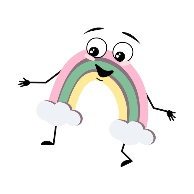 Personagem de arco-íris bonito com emoção feliz rosto alegre sorriso olhos braços e pernas Pessoa com expressão engraçada e pose Ilustração plana vetorial