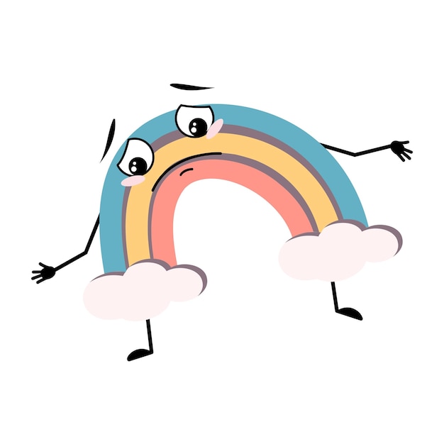 Personagem de arco-íris bonito com emoções tristes deprimido rosto para baixo olhos braços e pernas Pessoa com expressão melancólica e pose Ilustração plana vetorial