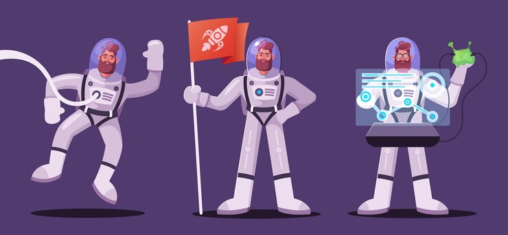 Personagem de astronauta explorando o espaço sideral. Cosmonauta futurista em traje espacial andando e voando. Ilustração do vetor dos desenhos animados.