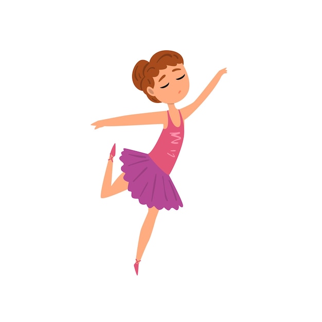 Vetor personagem de balerina em vestido de tutu roxo dançando vetor de desenho animado ilustração isolada em fundo branco