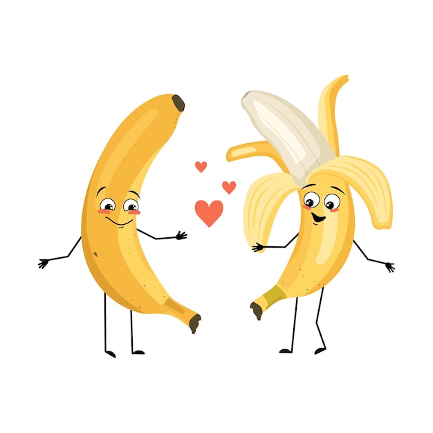 Personagem de banana com emoções de amor, rosto de sorriso, braços e pernas. pessoa com expressão feliz, emoticon de frutas tropicais. ilustração em vetor plana