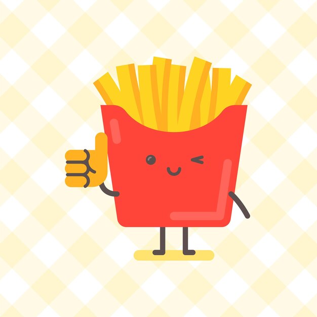 Personagem de batatas fritas mostrando polegares para cima e sorrindo personagem engraçado