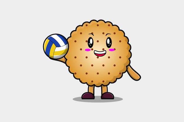 Personagem de biscoitos de desenho animado bonito jogando vôlei