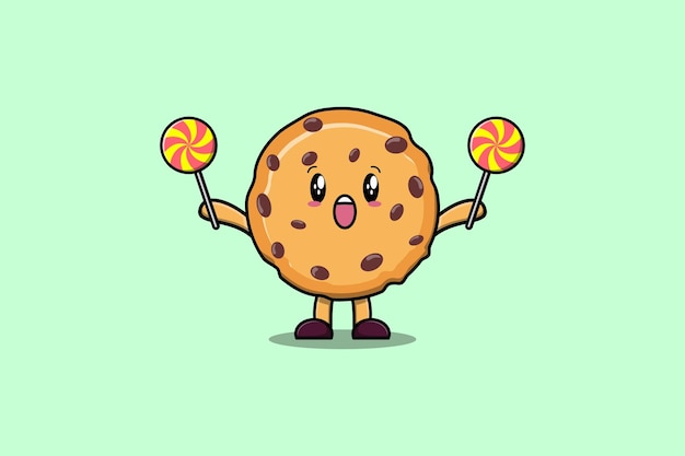 Personagem de biscoitos de desenho animado bonito segurando doces de pirulito em ilustração plana de desenho animado
