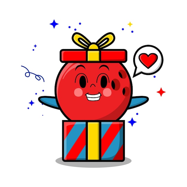 Personagem de bola de boliche de desenho animado bonito saindo da grande caixa de presentes parece tão feliz no conceito de desenho 3d