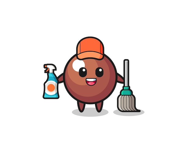 Personagem de bola de chocolate fofa como mascote de serviços de limpeza, design fofo
