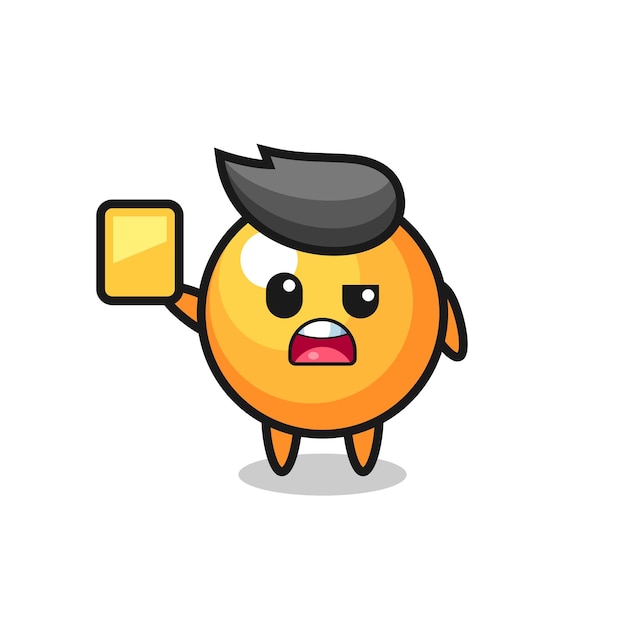 Personagem de bola de pingue-pongue de desenho animado como árbitro de futebol dando um cartão amarelo