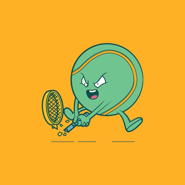 Vetor personagem de bola de tênis quebrando uma ilustração vetorial de raquete conceito de design de marca de exercício esportivo