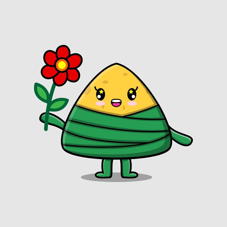 Vetor personagem de bolinho de arroz chinês de desenho bonito segurando o estilo de desenho animado de flor vermelha