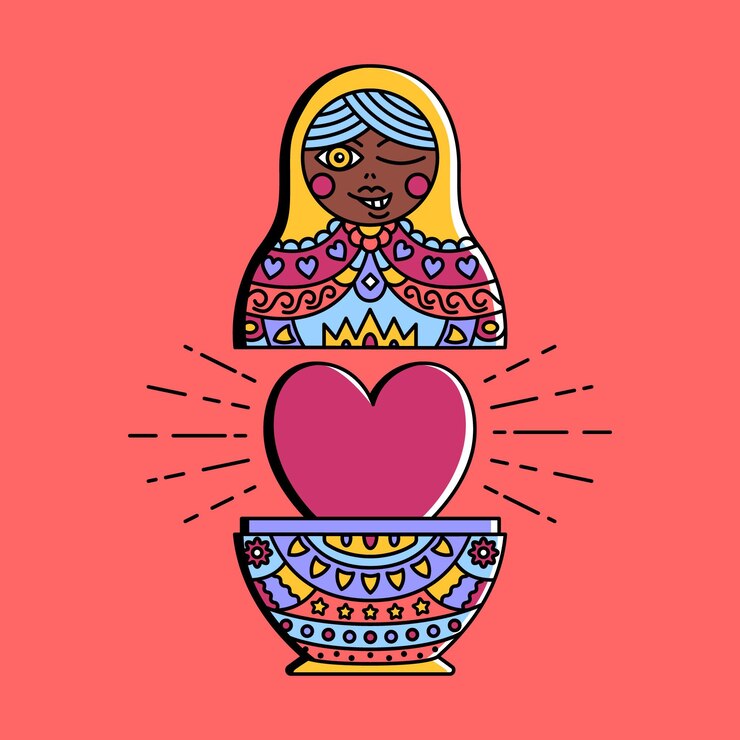 Vetor personagem de boneca matryoshka bonito dos desenhos animados com um coração