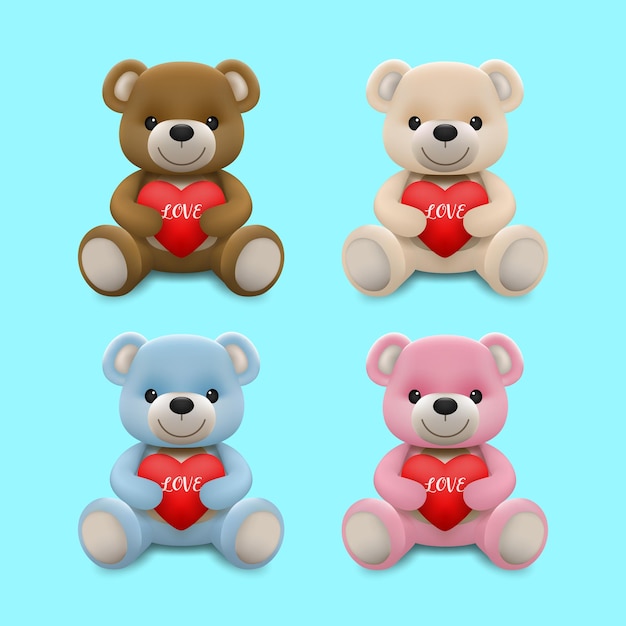 Vetor personagem de boneca sorridente pequeno fofo urso de pelúcia realista abraço coração vermelho e sentado no chão isolado no fundo branco.