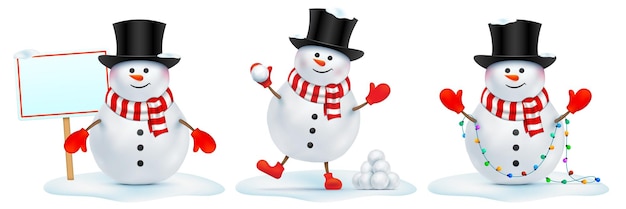 Personagem de boneco de neve vetorial com objetos diferentes em várias situações