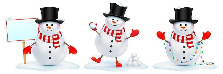 Vetor personagem de boneco de neve vetorial com objetos diferentes em várias situações