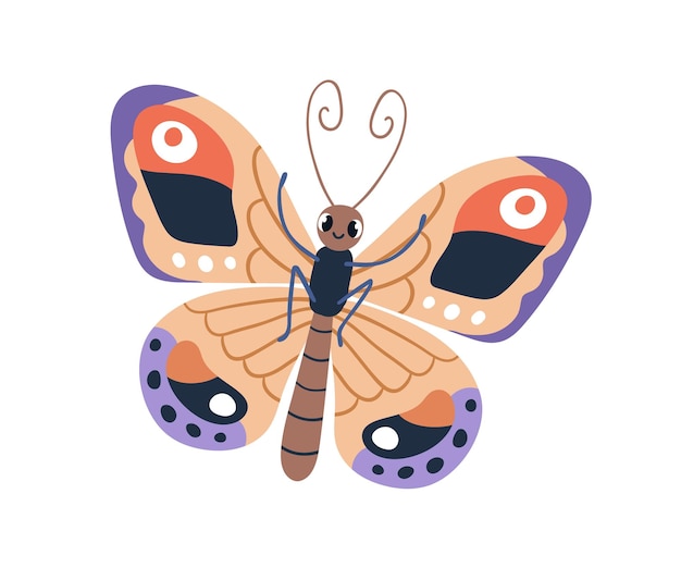Personagem de borboleta fofa. inseto lindo engraçado feliz com expressão facial positiva. traça tropical de conto de fadas com asas voando. ilustração em vetor plana infantil isolada no fundo branco.