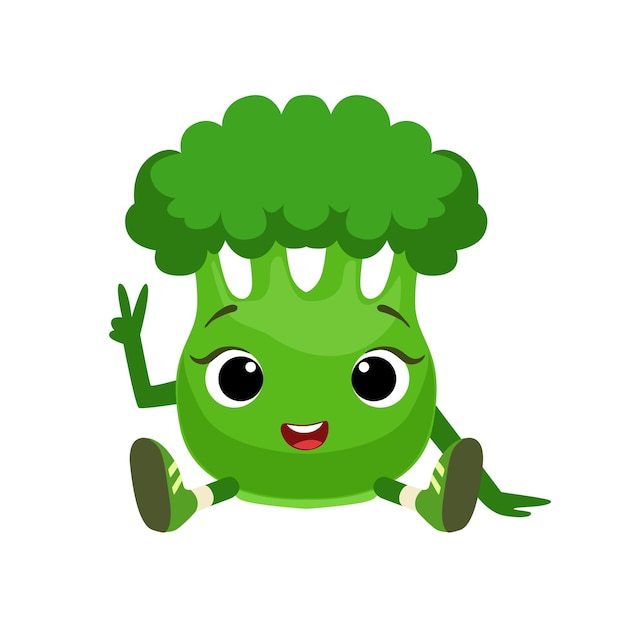 Personagem de brócolis feminino de olhos grandes sentado emoji adesivo com vegetais de bebê