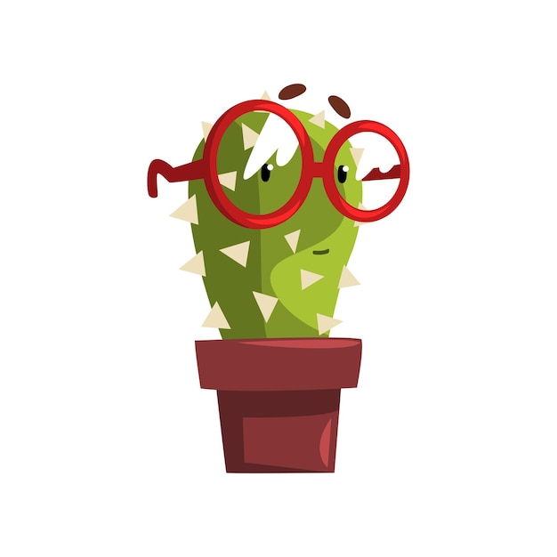 Vetor personagem de cacto inteligente com óculos em uma panela de barro, planta suculenta com cara engraçada em vetor de vaso de flores ilustração isolada em um fundo branco.