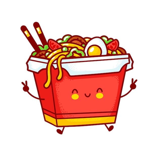 Personagem de caixa de macarrão wok feliz engraçado fofo. linha plana dos desenhos animados kawaii personagem ilustração logotipo ícone. isolado no fundo branco. conceito de personagem de comida asiática, macarrão, wok box