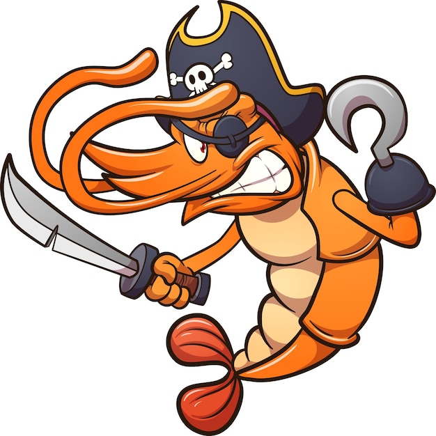Vetor personagem de camarão pirata com mão de gancho e espada