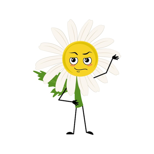 Personagem de camomila com emoções de herói bravo rosto braços e perna pessoa com expressão de coragem flor da margarida ilustração plana vetorial