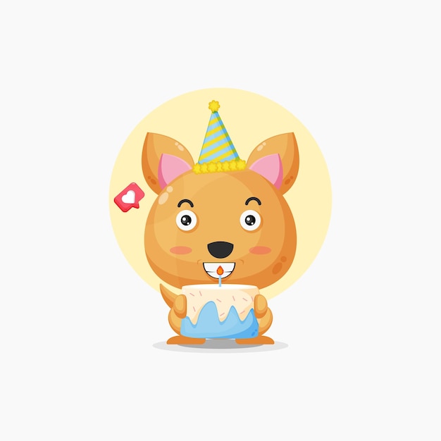 Personagem de canguru bonito com ilustração de ícone de bolo de aniversário