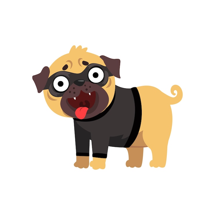 Vetor personagem de cão pug engraçado vestido de ladrão, cão engraçado em ilustração vetorial máscara preta isolado em um fundo branco.