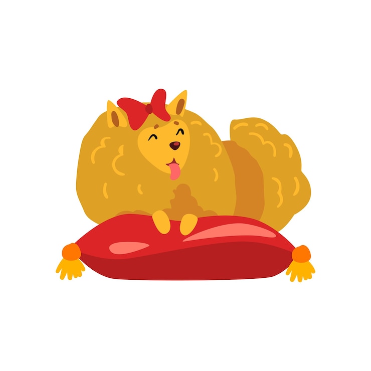 Vetor personagem de cão spitz da pomerânia dormindo em almofada vermelha ilustração vetorial de desenho animado em branco