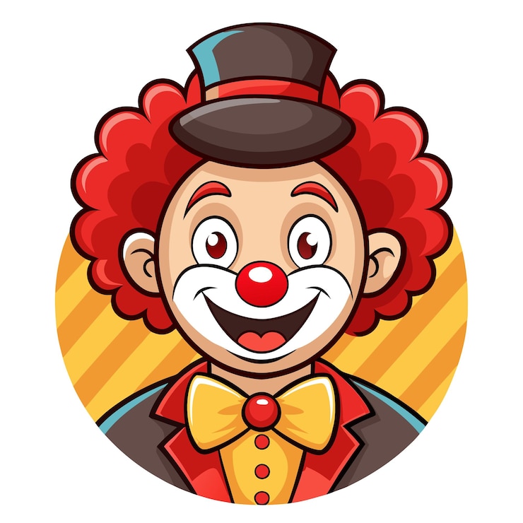 Vetor personagem de cara de palhaço de desenho animado colorido com chapéu e gravata para festas infantis e eventos de circo