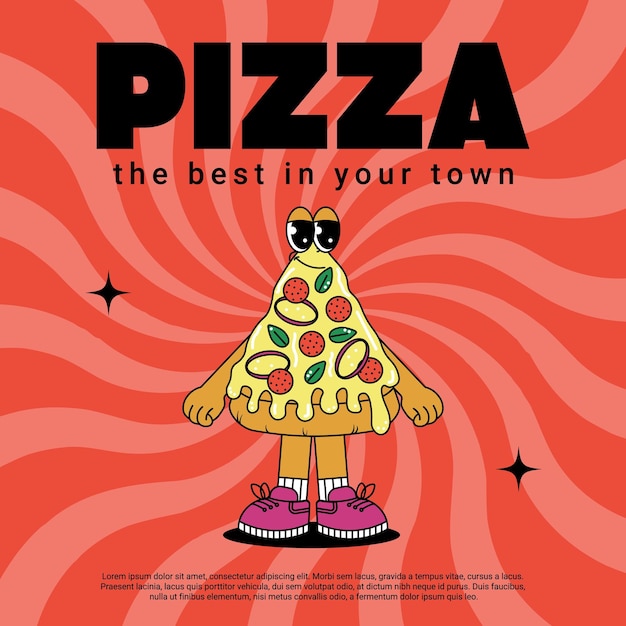 Personagem de cartaz de desenho animado retrô vintage mascote de pizza sorriso psicodélico emoção vetor funky em groovy