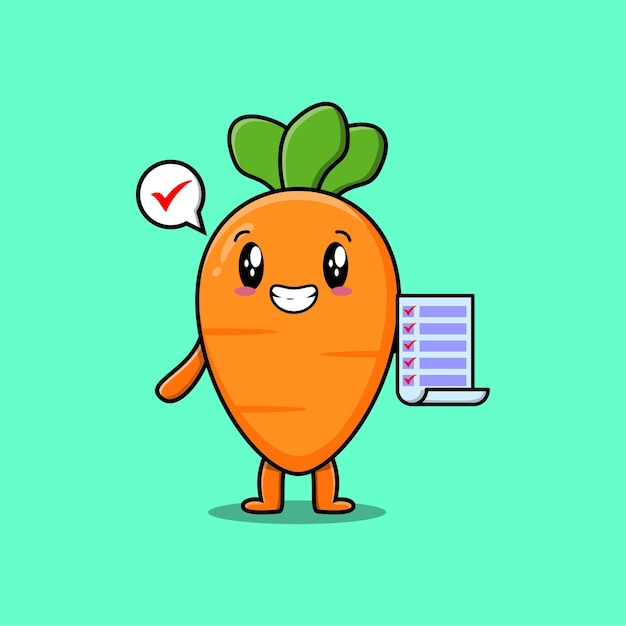 Personagem de cenoura de desenho animado bonito segurando nota de lista de verificação no estilo de desenho plano de conceito