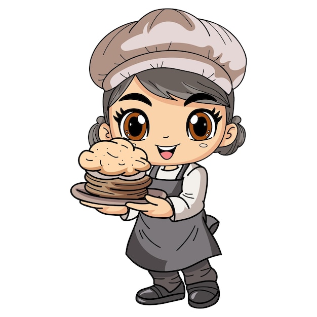 Personagem de chef feminino feliz segurando ilustração de comida no estilo doodle