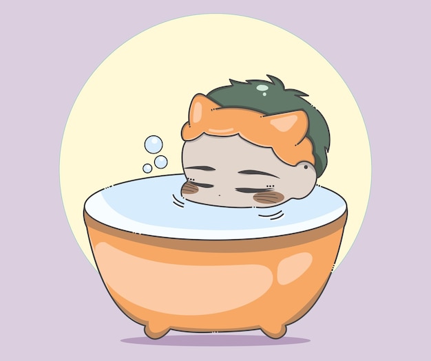 Personagem de chibi tomando banho e ilustração vetorial relaxada