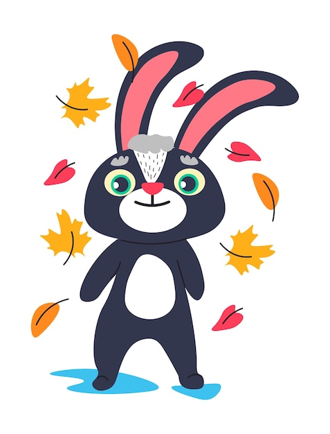 Personagem de coelho com folhas caindo na temporada de outono