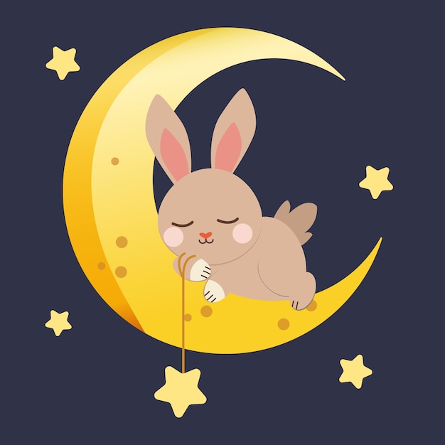 personagem de coelho fofo dormindo com a lua e a estrela no azul escuro