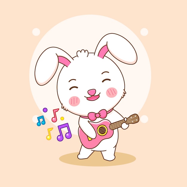 Personagem de coelho fofo tocando ilustração de desenho de guitarra