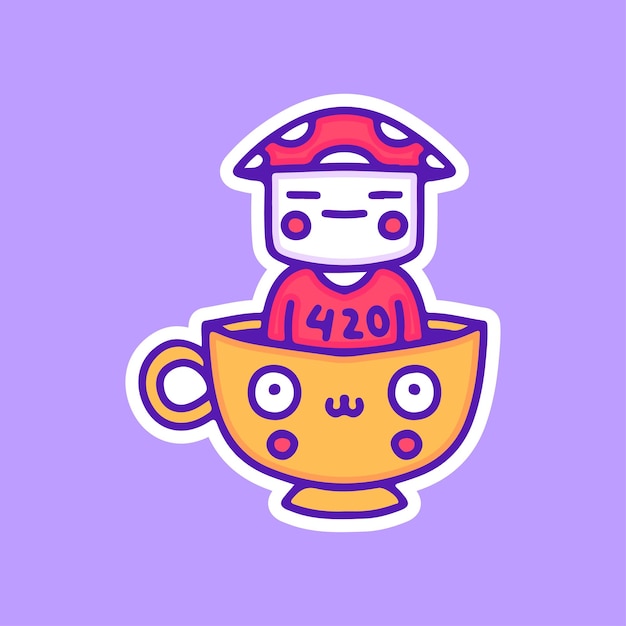 Personagem de cogumelo fofo dentro de ilustração de xícara de café